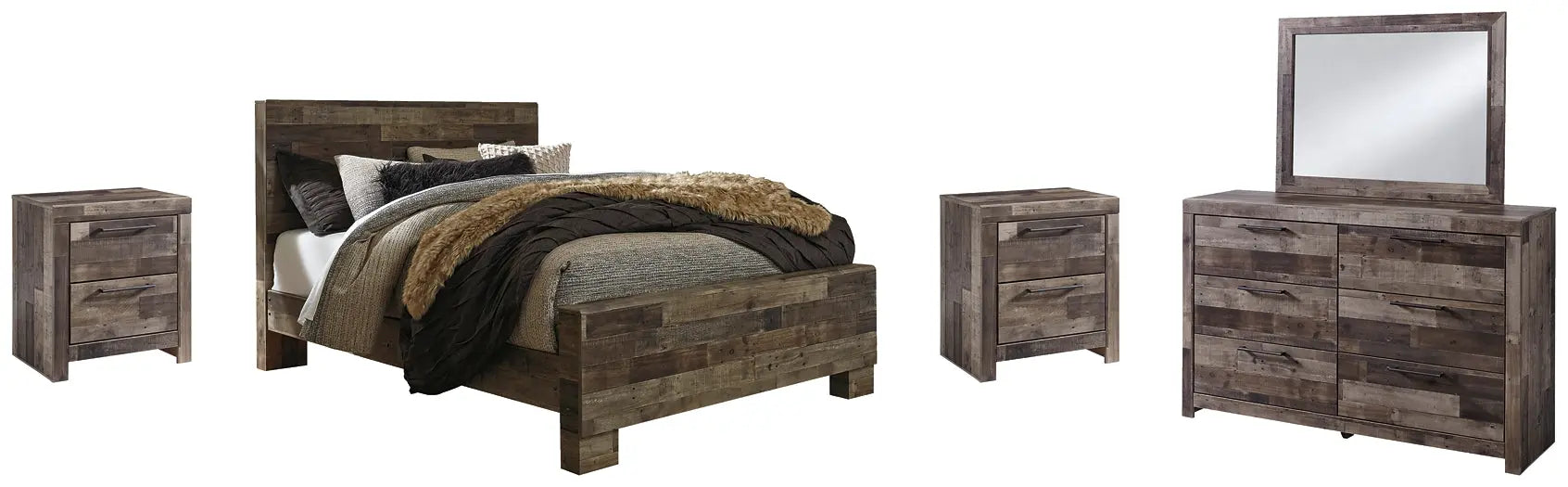 Derekson Queen Panel Bed with Mirrored Dresser and 2 Nightstands at Lee Furniture, NC
