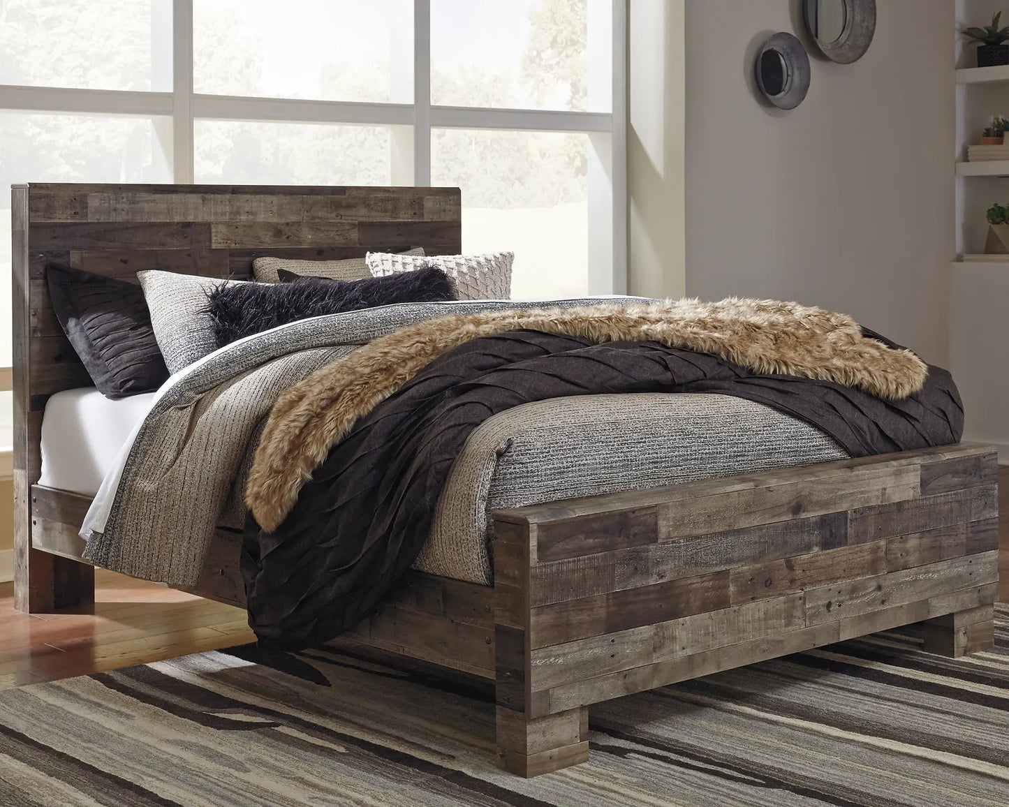 Derekson Queen Panel Bed with Mirrored Dresser and 2 Nightstands at Lee Furniture, NC