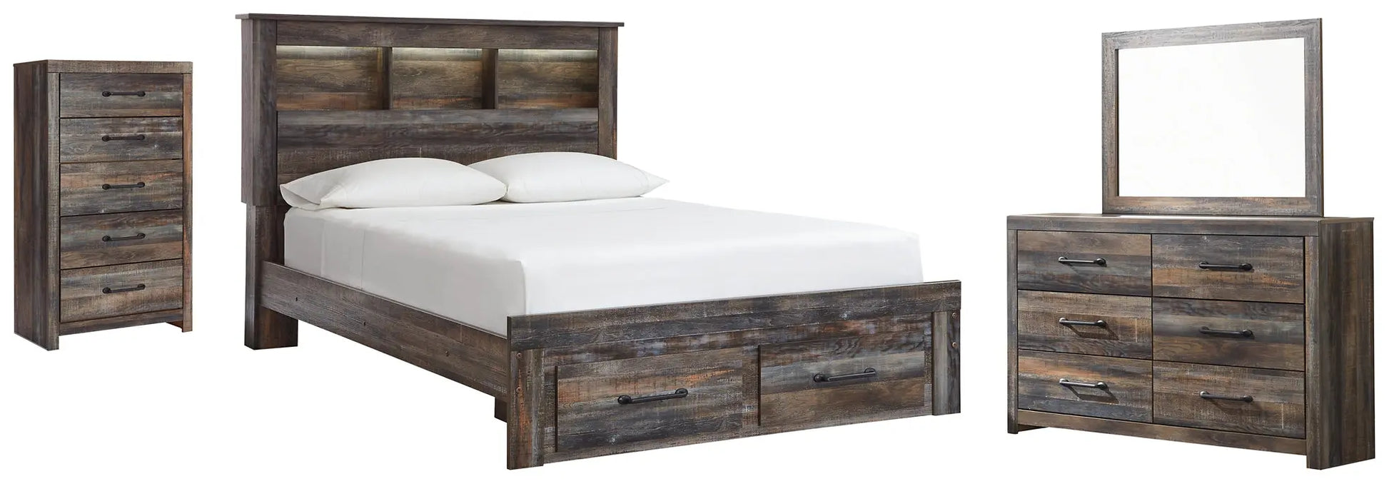 Drystan Bookcase Bed With 2 Storage Drawers With Mirrored Dresser And Chest at Lee Furniture, NC