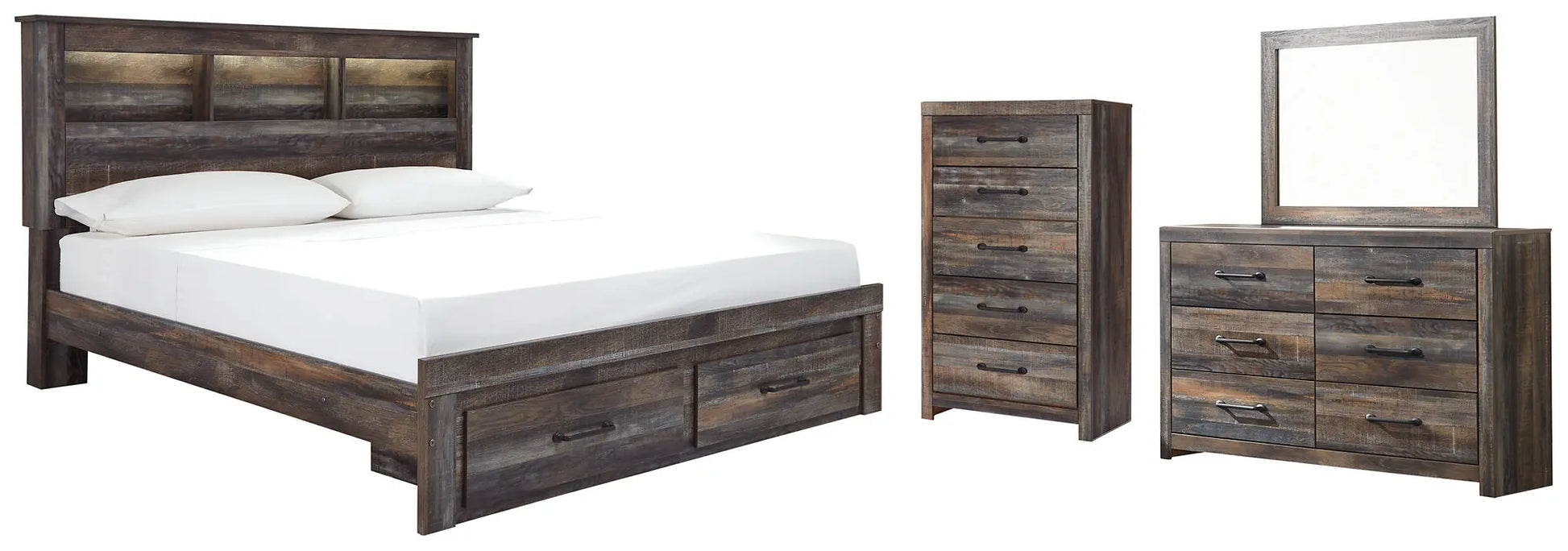 Drystan Bookcase Bed With 2 Storage Drawers With Mirrored Dresser And Chest at Lee Furniture, NC