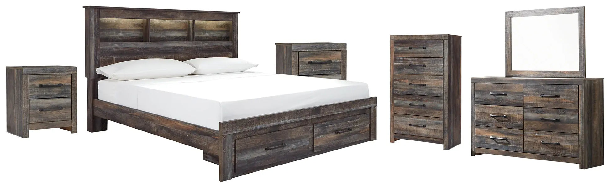 Drystan Bookcase Bed With 2 Storage Drawers With Mirrored Dresser, Chest And 2 Nightstands at Lee Furniture, NC