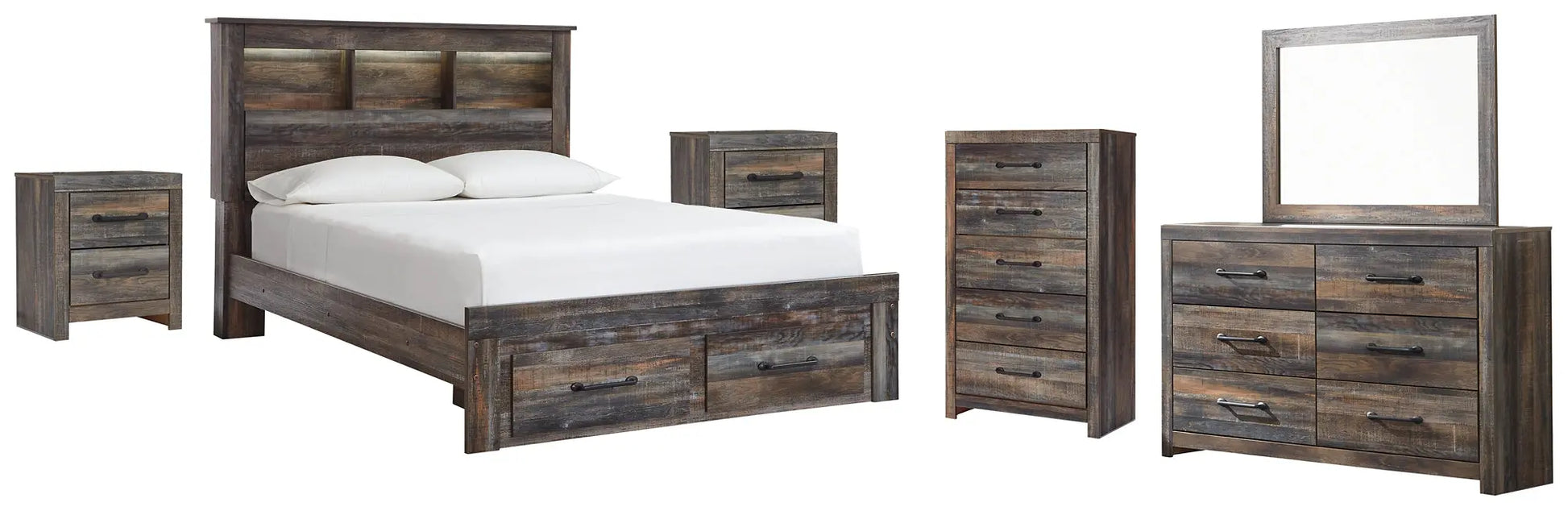 Drystan Bookcase Bed With 2 Storage Drawers With Mirrored Dresser, Chest And 2 Nightstands at Lee Furniture, NC