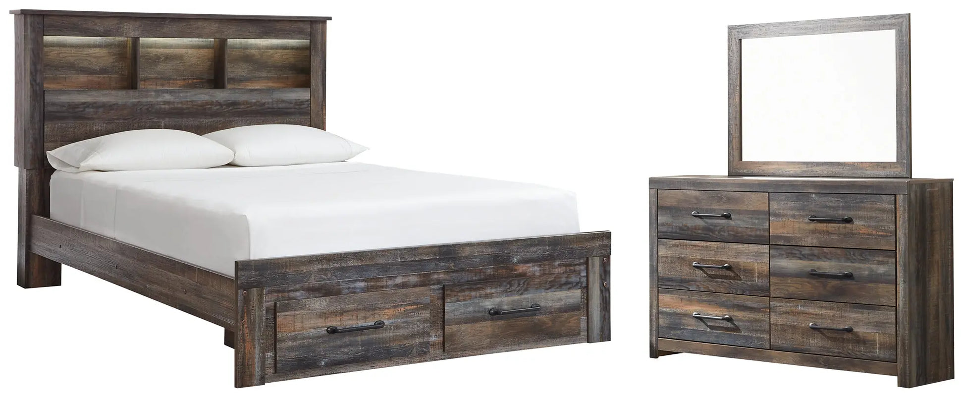 Drystan Bookcase Bed With 2 Storage Drawers With Mirrored Dresser at Lee Furniture, NC
