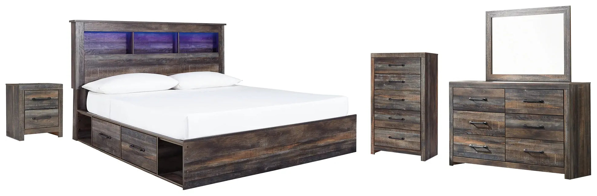 Drystan King Bookcase Bed with 2 Storage Drawers with Mirrored Dresser, Chest and Nightstand at Lee Furniture, NC