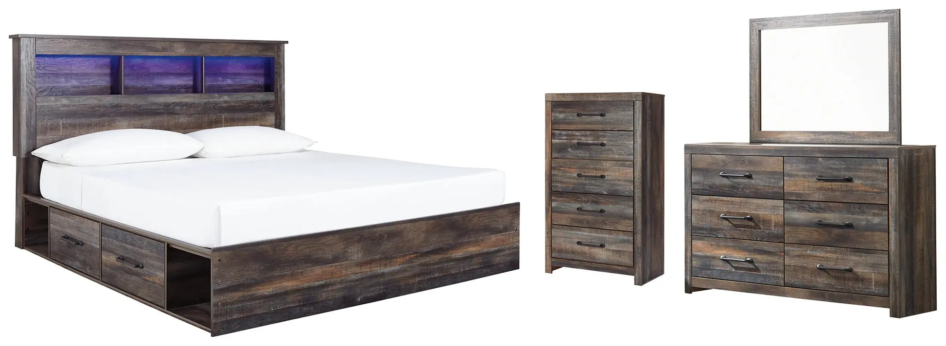 Drystan King Bookcase Bed with 2 Storage Drawers with Mirrored Dresser and Chest at Lee Furniture, NC