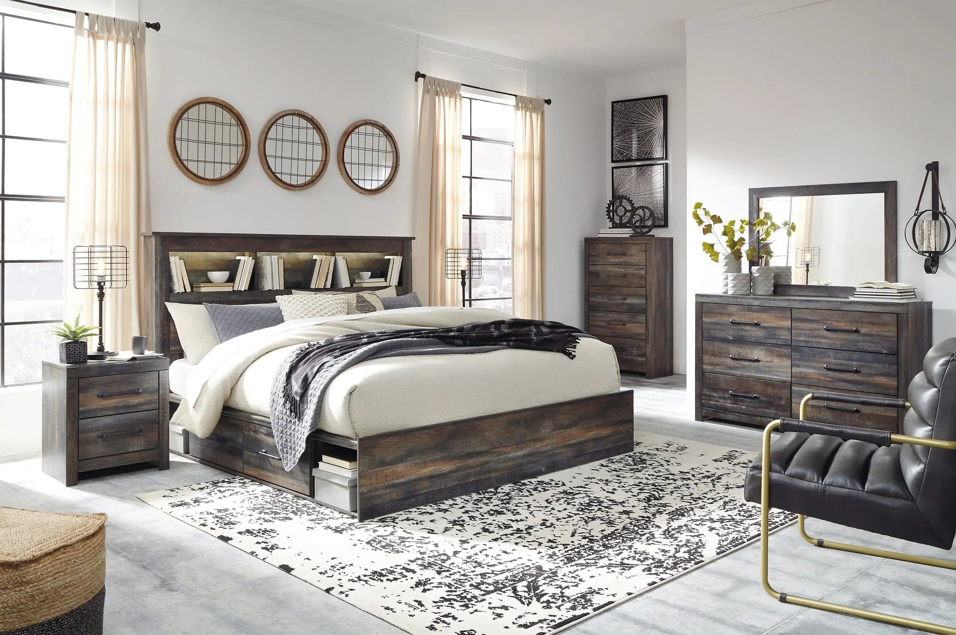 Drystan King Bookcase Bed with 2 Storage Drawers with Mirrored Dresser at Lee Furniture, NC