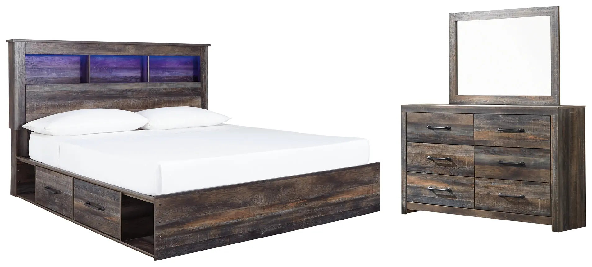 Drystan King Bookcase Bed with 2 Storage Drawers with Mirrored Dresser at Lee Furniture, NC