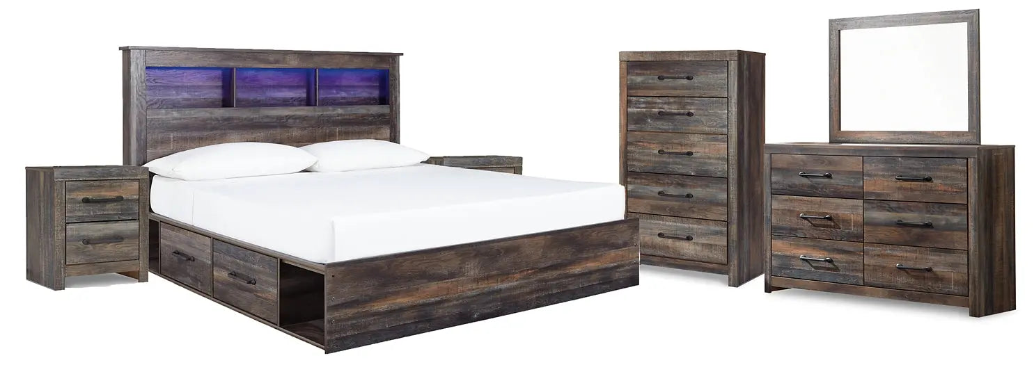 Drystan King Bookcase Bed with 4 Storage Drawers with Mirrored Dresser, Chest and 2 Nightstands at Lee Furniture, NC