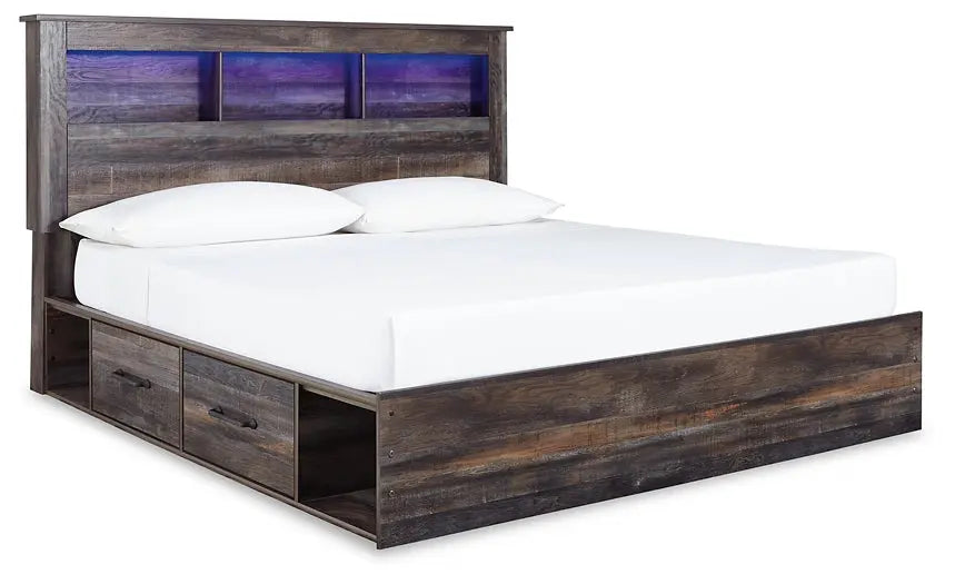 Drystan King Bookcase Bed with 4 Storage Drawers with Mirrored Dresser, Chest and 2 Nightstands at Lee Furniture, NC