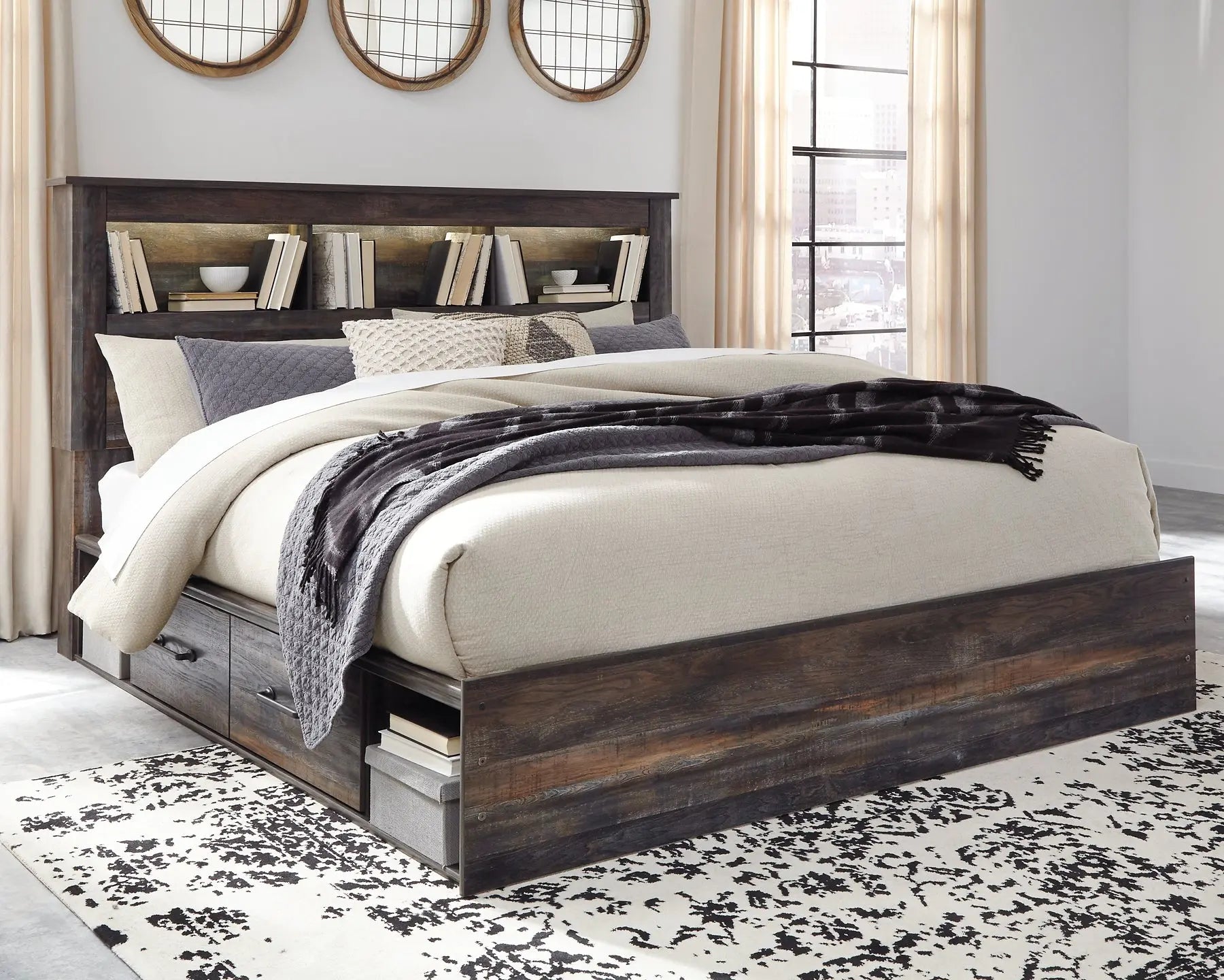 Drystan King Bookcase Bed with 4 Storage Drawers with Mirrored Dresser, Chest and 2 Nightstands at Lee Furniture, NC