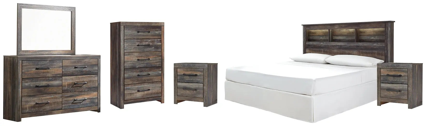 Drystan King/California King Bookcase Headboard with Mirrored Dresser, Chest and 2 Nightstands at Lee Furniture, NC