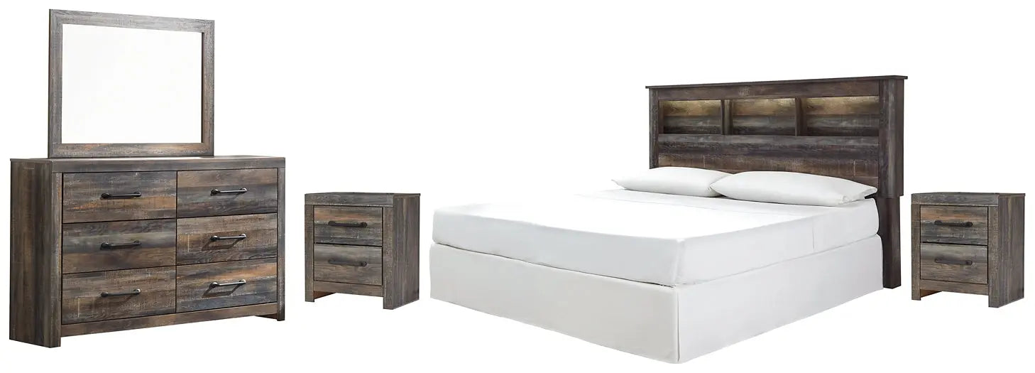 Drystan King/California King Bookcase Headboard with Mirrored Dresser and 2 Nightstands at Lee Furniture, NC