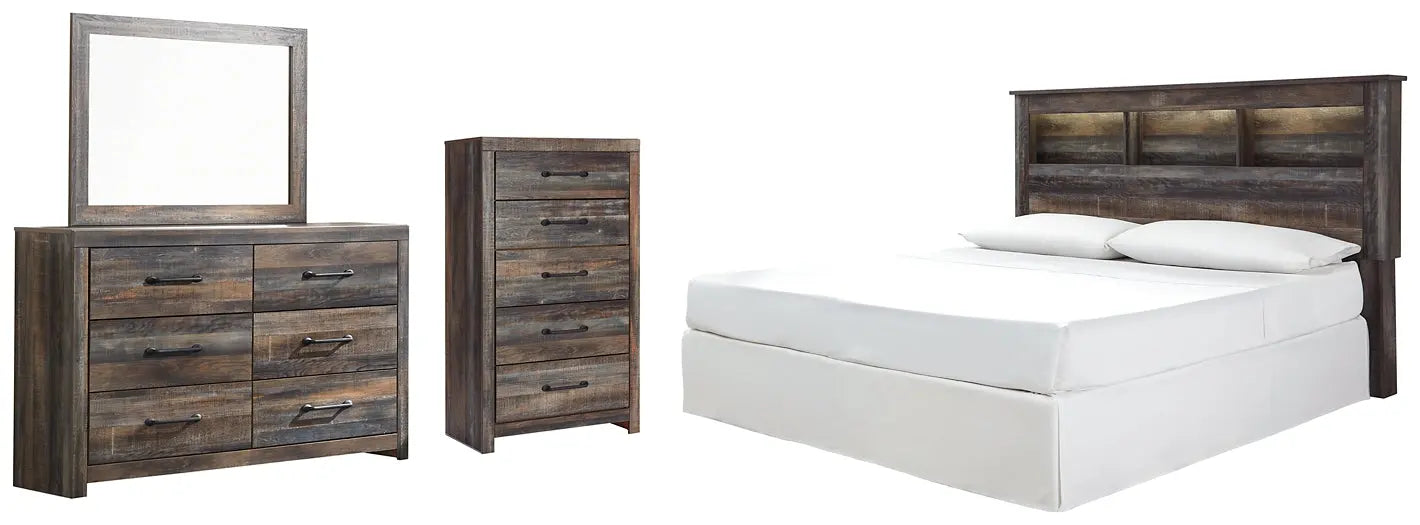 Drystan King/California King Bookcase Headboard with Mirrored Dresser and Chest at Lee Furniture, NC