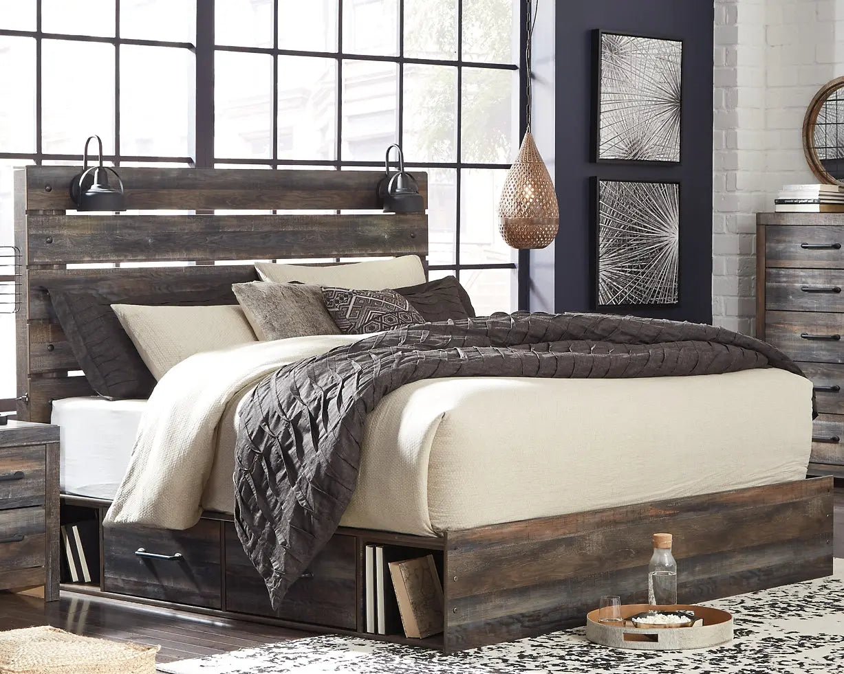 Drystan King Panel Bed with 2 Storage Drawers with Mirrored Dresser, Chest and 2 Nightstands at Lee Furniture, NC