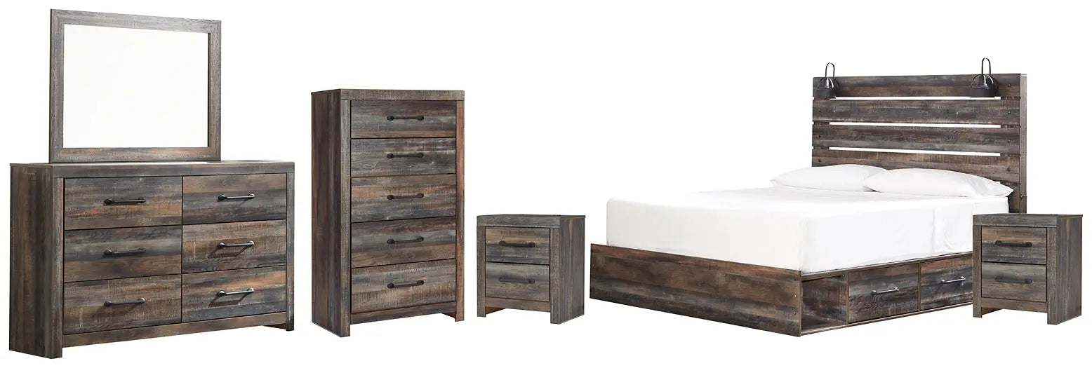 Drystan King Panel Bed with 2 Storage Drawers with Mirrored Dresser, Chest and 2 Nightstands at Lee Furniture, NC