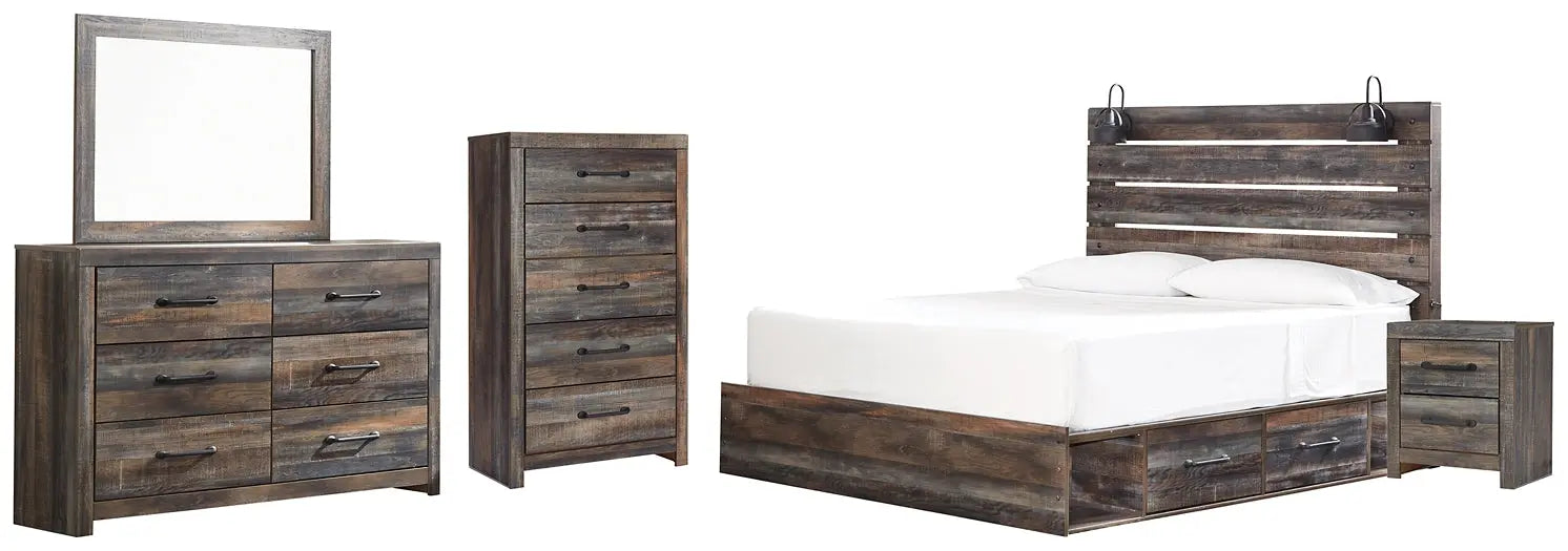 Drystan King Panel Bed with 2 Storage Drawers with Mirrored Dresser, Chest and Nightstand at Lee Furniture, NC