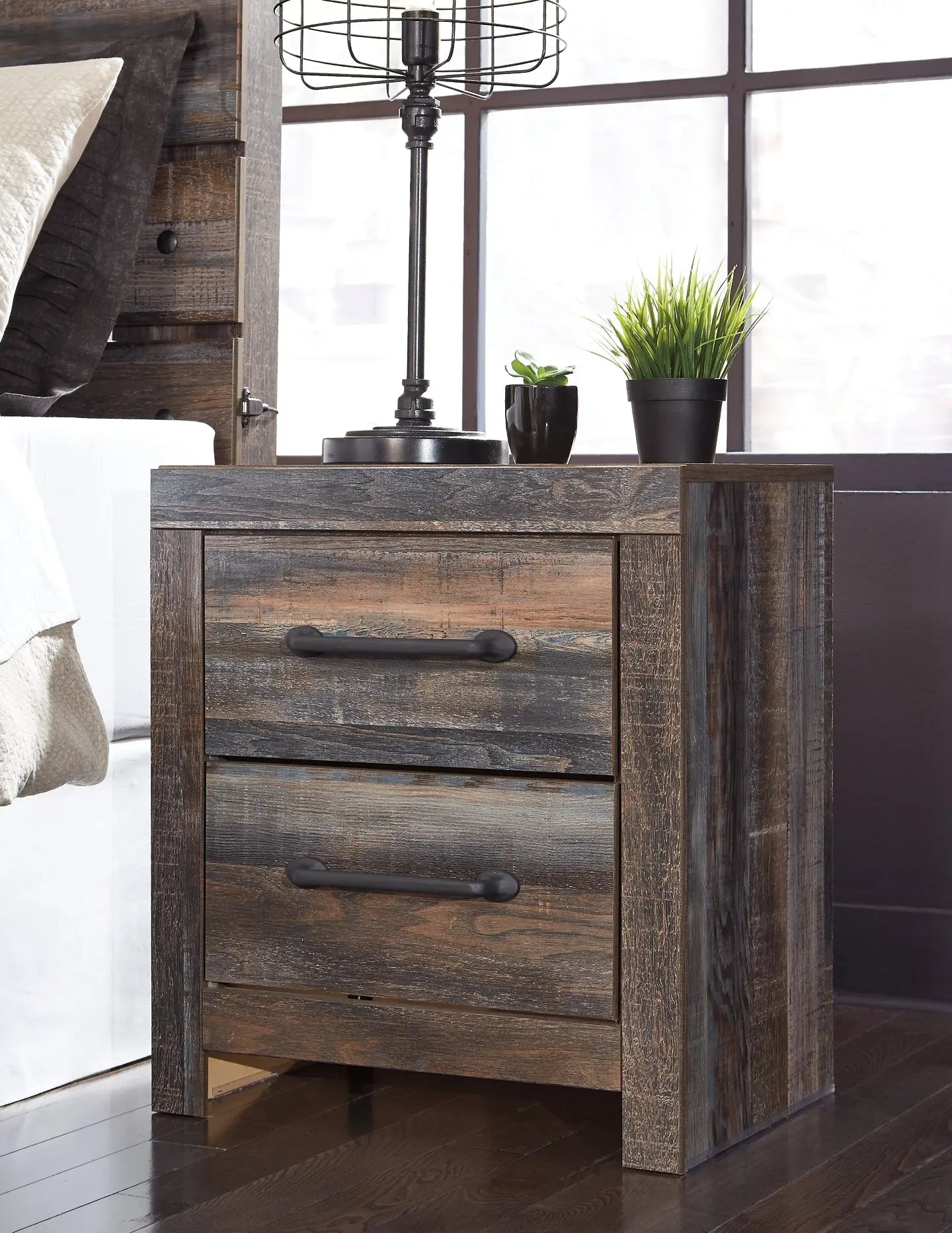 Drystan King Panel Bed with 2 Storage Drawers with Mirrored Dresser, Chest and Nightstand at Lee Furniture, NC