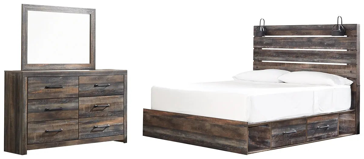 Drystan King Panel Bed with 2 Storage Drawers with Mirrored Dresser at Lee Furniture, NC