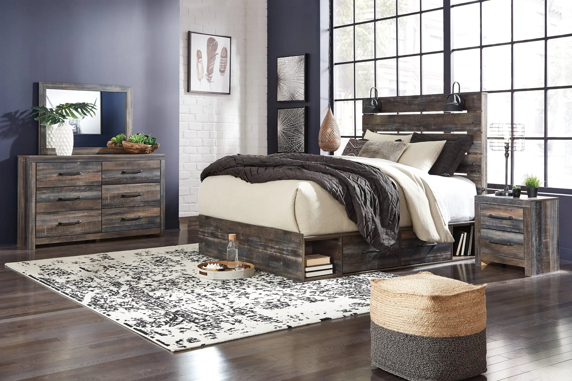 Drystan King Panel Bed with 4 Storage Drawers with Mirrored Dresser, Chest and 2 Nightstands at Lee Furniture, NC