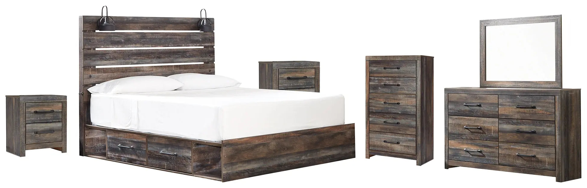 Drystan King Panel Bed with 4 Storage Drawers with Mirrored Dresser, Chest and 2 Nightstands at Lee Furniture, NC