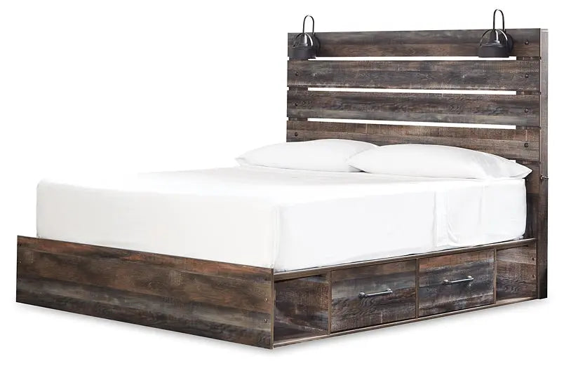 Drystan King Panel Bed with 4 Storage Drawers with Mirrored Dresser, Chest and 2 Nightstands at Lee Furniture, NC