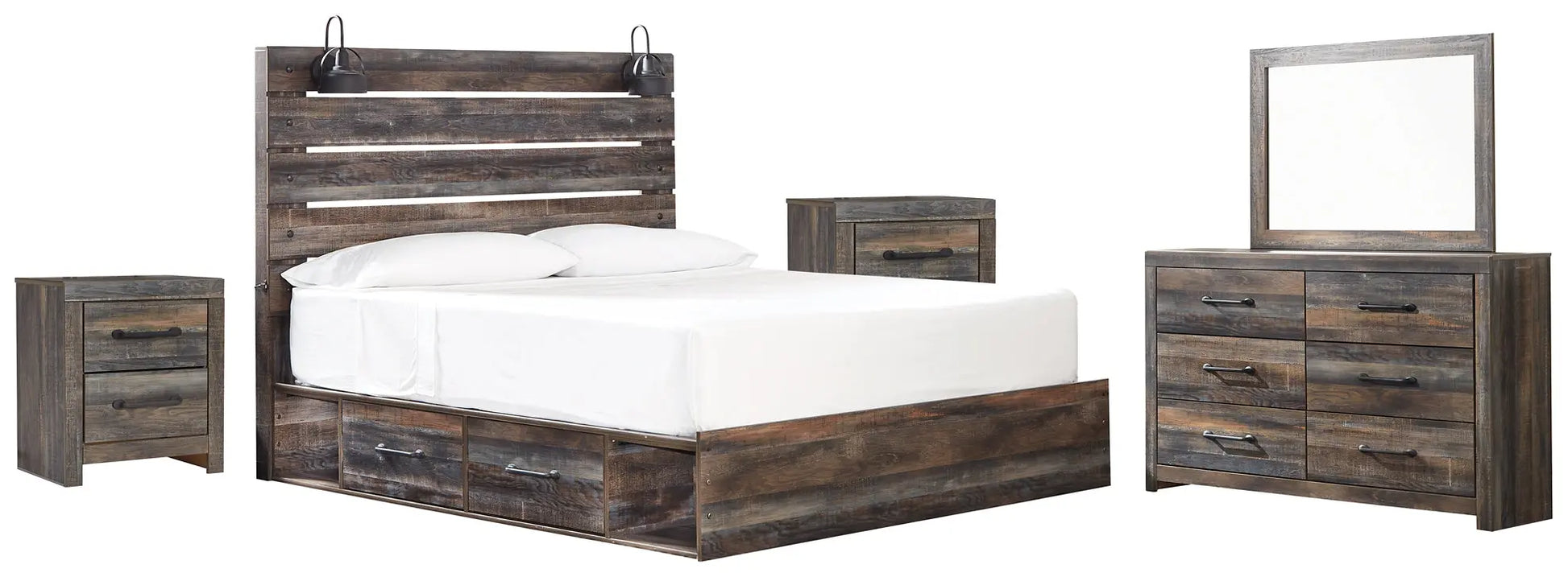 Drystan King Panel Bed with 4 Storage Drawers with Mirrored Dresser and 2 Nightstands at Lee Furniture, NC