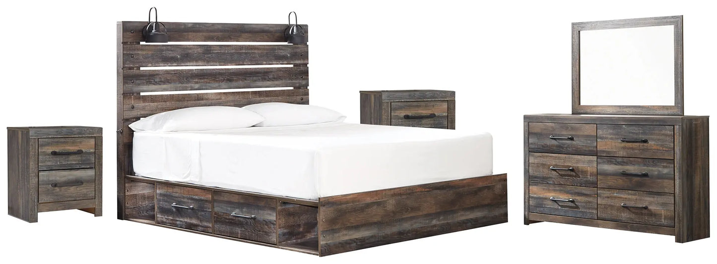 Drystan King Panel Bed with 4 Storage Drawers with Mirrored Dresser and 2 Nightstands at Lee Furniture, NC