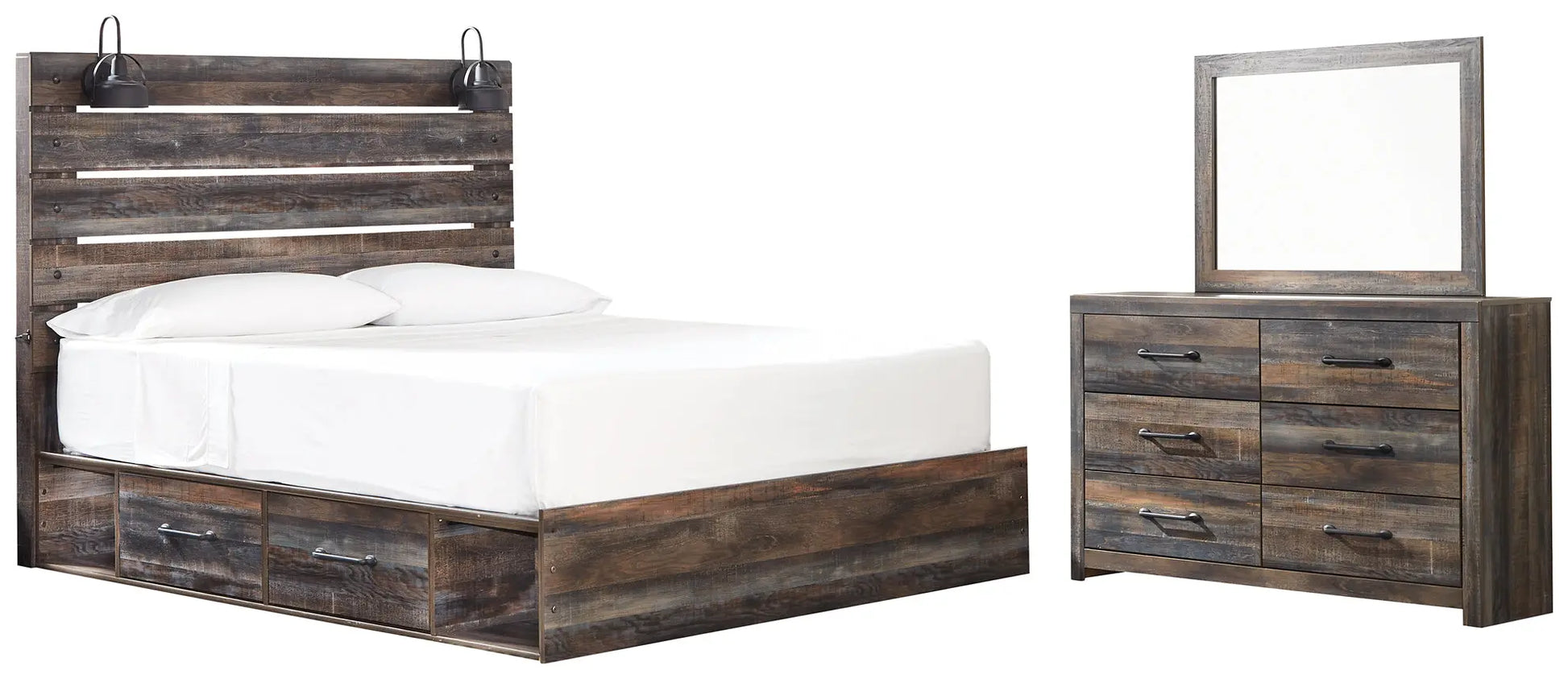 Drystan King Panel Bed with 4 Storage Drawers with Mirrored Dresser at Lee Furniture, NC