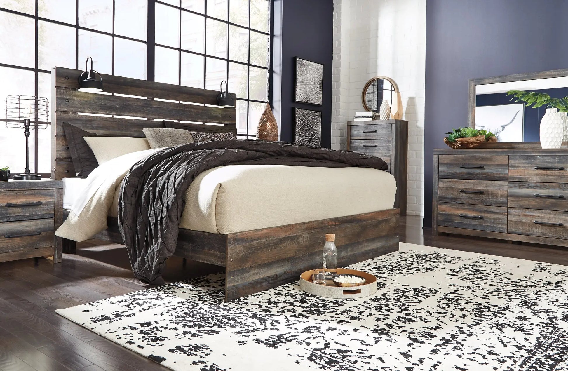 Drystan King Panel Bed with Mirrored Dresser, Chest and Nightstand at Lee Furniture, NC
