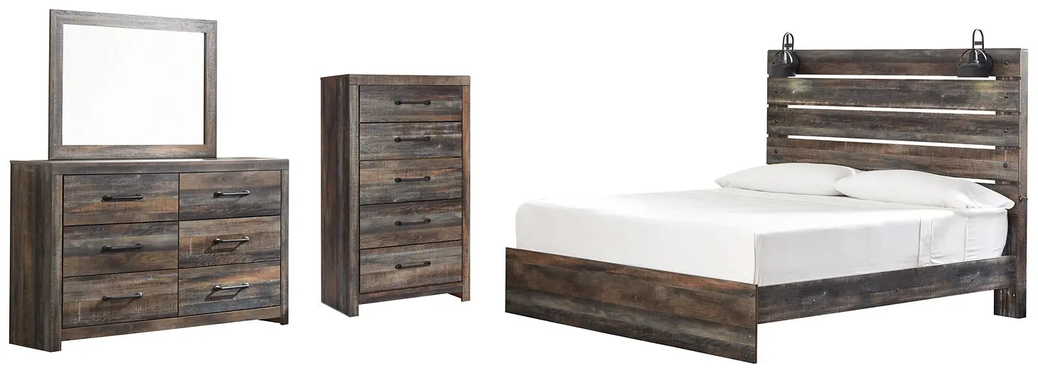 Drystan King Panel Bed with Mirrored Dresser and Chest at Lee Furniture, NC