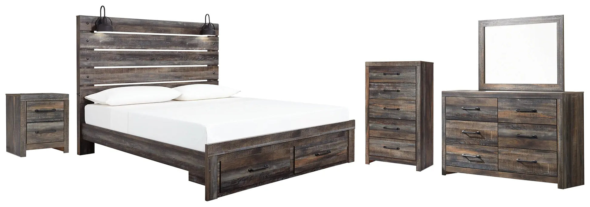 Drystan King Panel Bed with Storage with Mirrored Dresser, Chest and Nightstand at Lee Furniture, NC
