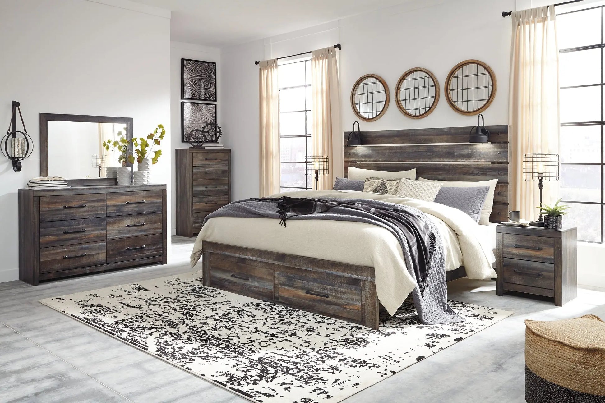 Drystan King Panel Bed with Storage with Mirrored Dresser, Chest and Nightstand at Lee Furniture, NC