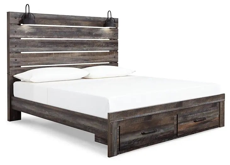 Drystan King Panel Bed with Storage with Mirrored Dresser, Chest and Nightstand at Lee Furniture, NC