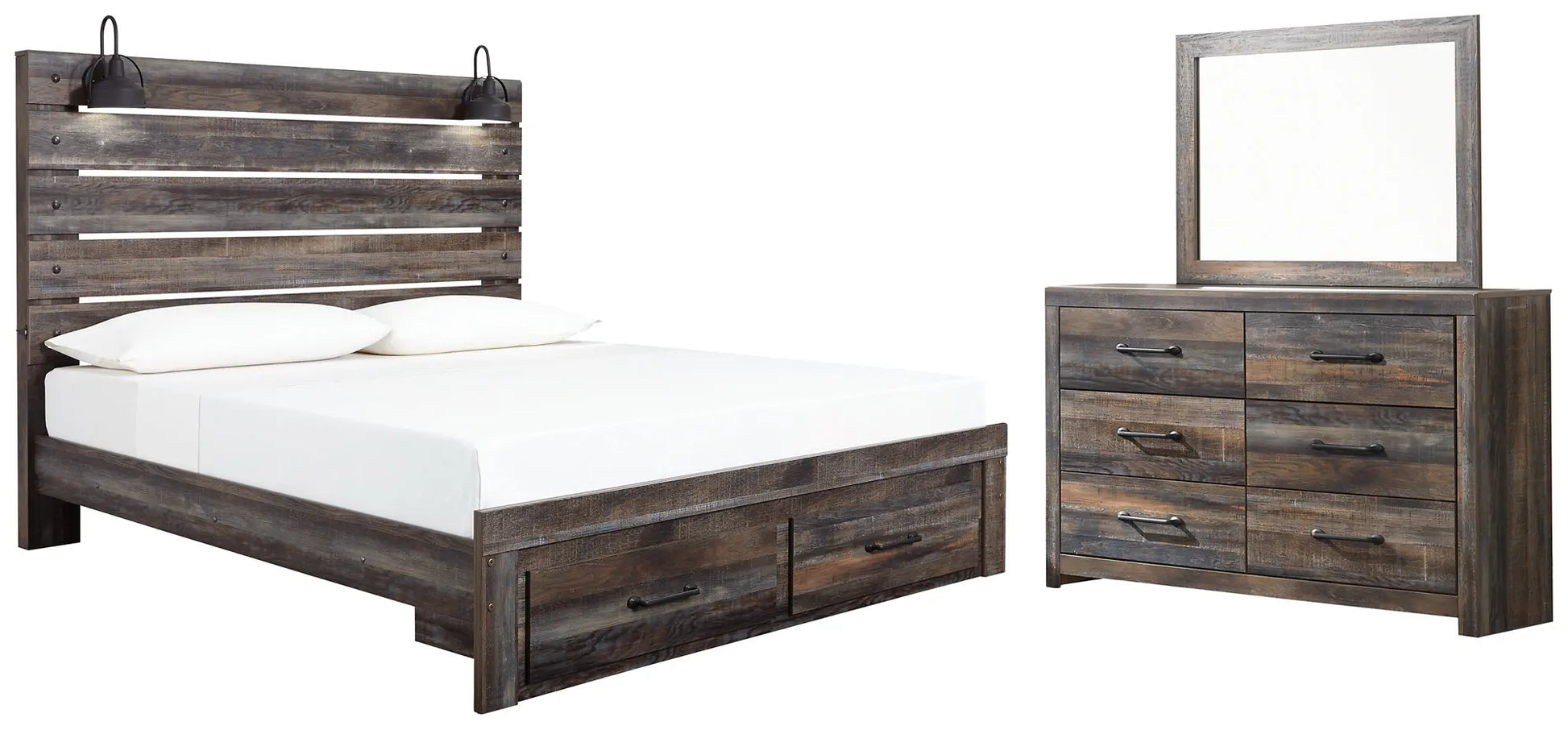 Drystan King Panel Bed with Storage with Mirrored Dresser at Lee Furniture, NC