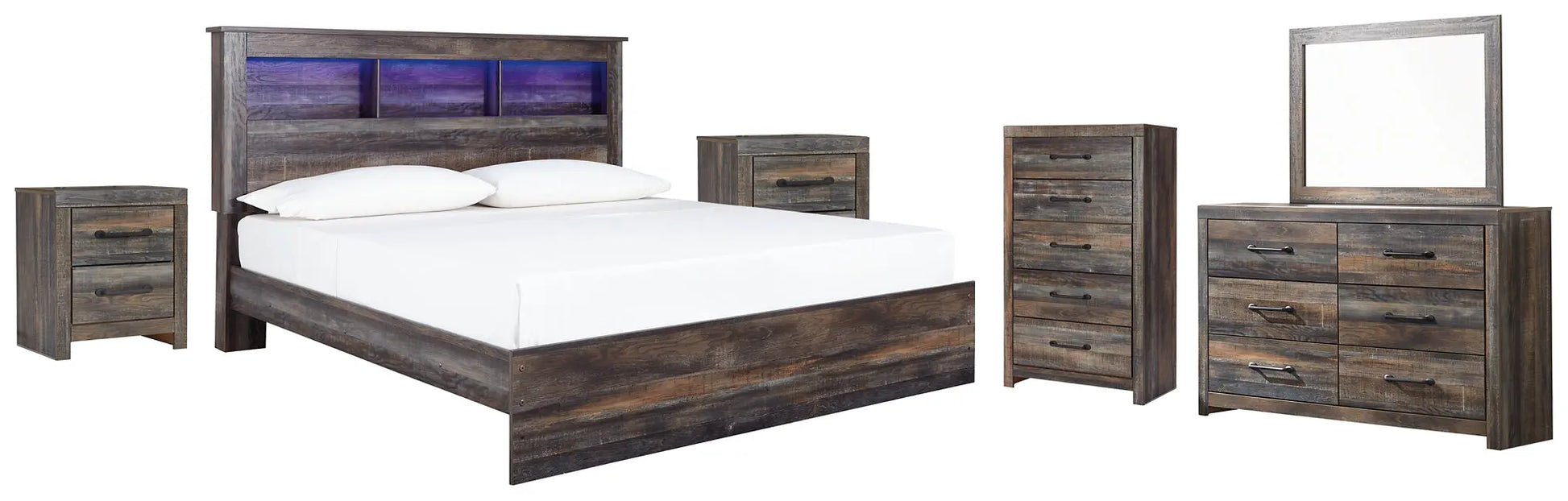 Drystan King Panel Bookcase Bed with Mirrored Dresser, Chest and 2 Nightstands at Lee Furniture, NC