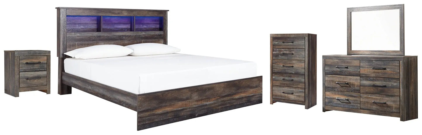 Drystan King Panel Bookcase Bed with Mirrored Dresser, Chest and Nightstand at Lee Furniture, NC