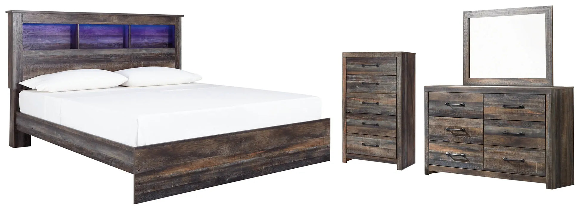 Drystan King Panel Bookcase Bed with Mirrored Dresser and Chest at Lee Furniture, NC