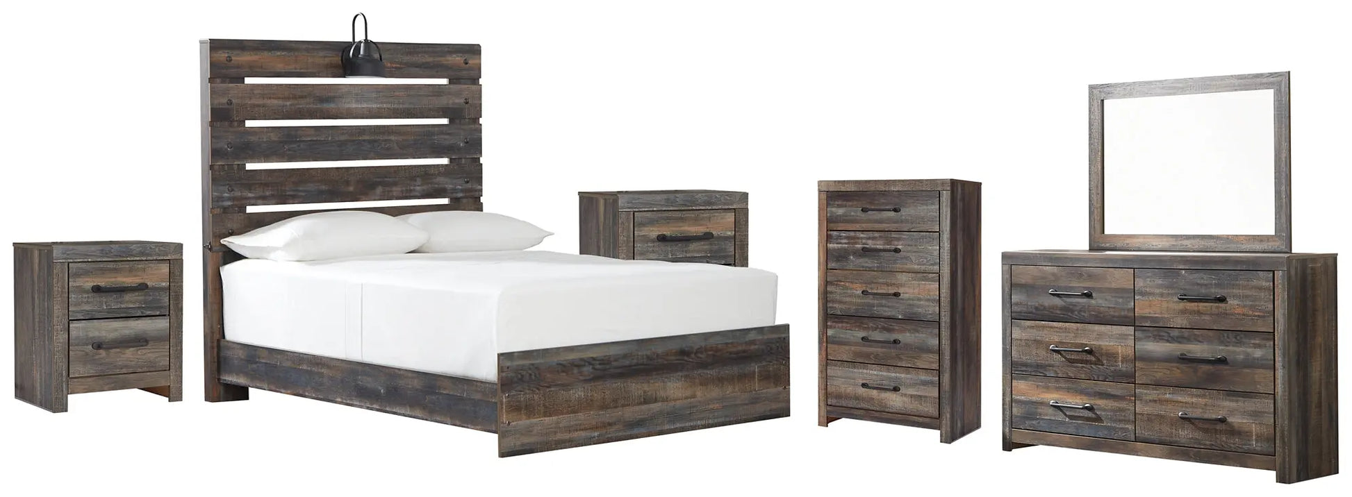 Drystan Panel Bed With Mirrored Dresser, Chest And 2 Nightstands at Lee Furniture, NC