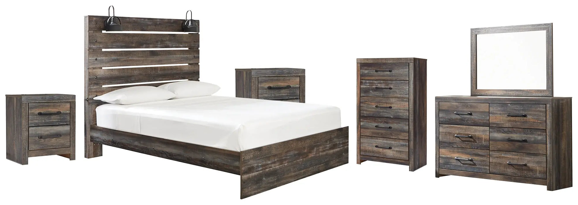 Drystan Panel Bed With Mirrored Dresser, Chest And 2 Nightstands at Lee Furniture, NC