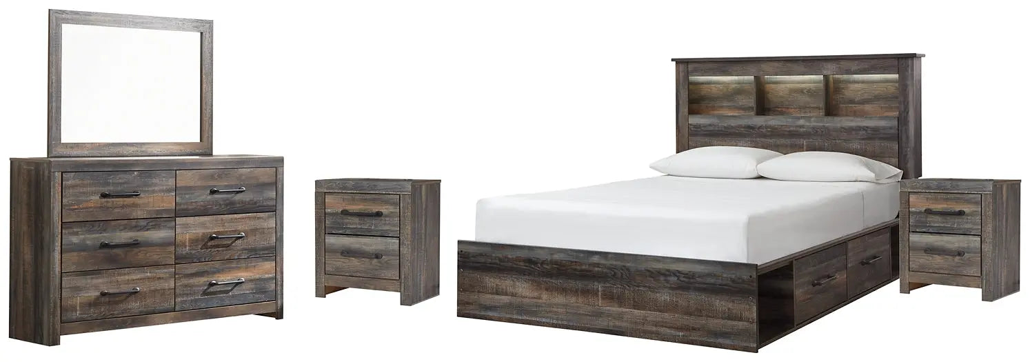Drystan Queen Bookcase Bed with 2 Storage Drawers with Mirrored Dresser and 2 Nightstands at Lee Furniture, NC
