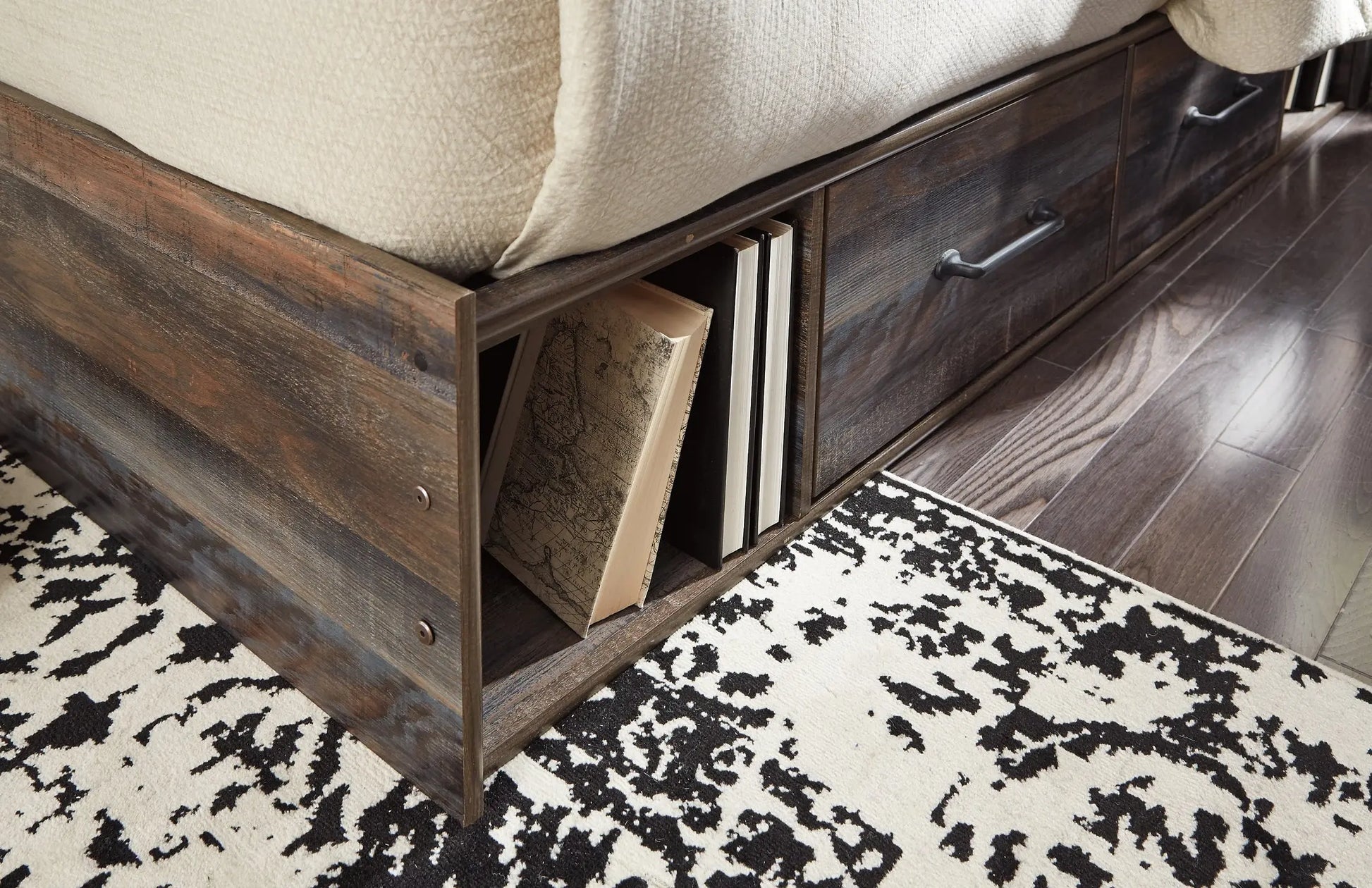 Drystan Queen Bookcase Bed with 2 Storage Drawers with Mirrored Dresser at Lee Furniture, NC