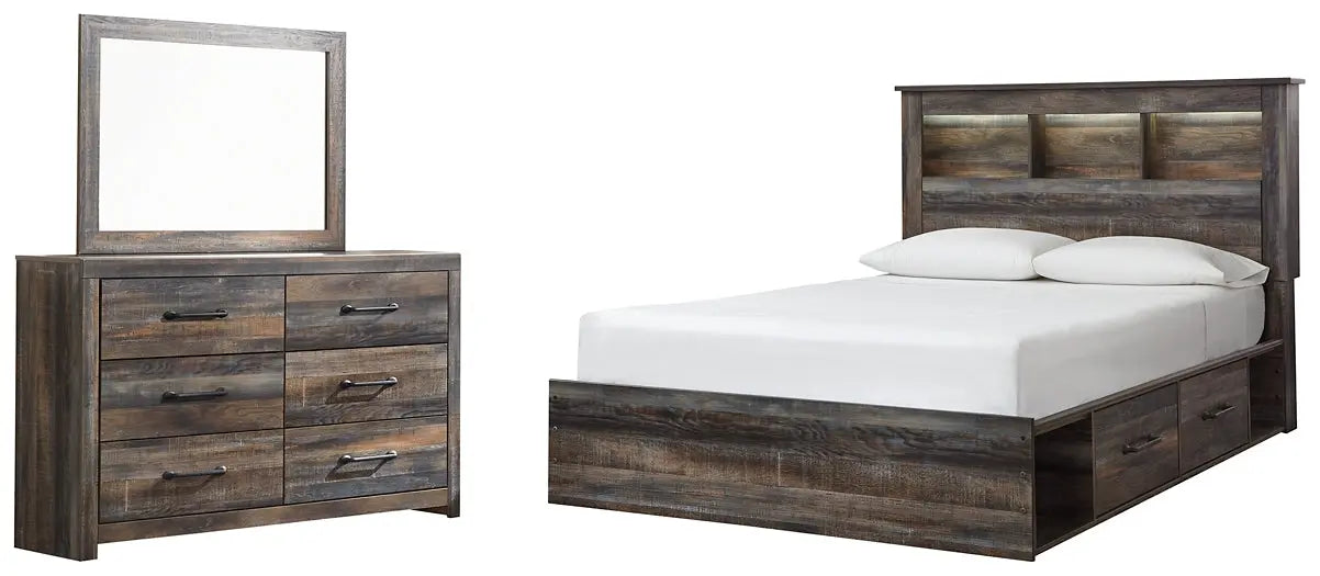 Drystan Queen Bookcase Bed with 2 Storage Drawers with Mirrored Dresser at Lee Furniture, NC
