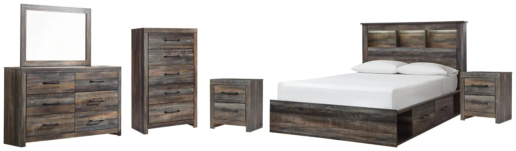 Drystan Queen Bookcase Bed with 4 Storage Drawers with Mirrored Dresser, Chest and 2 Nightstands at Lee Furniture, NC