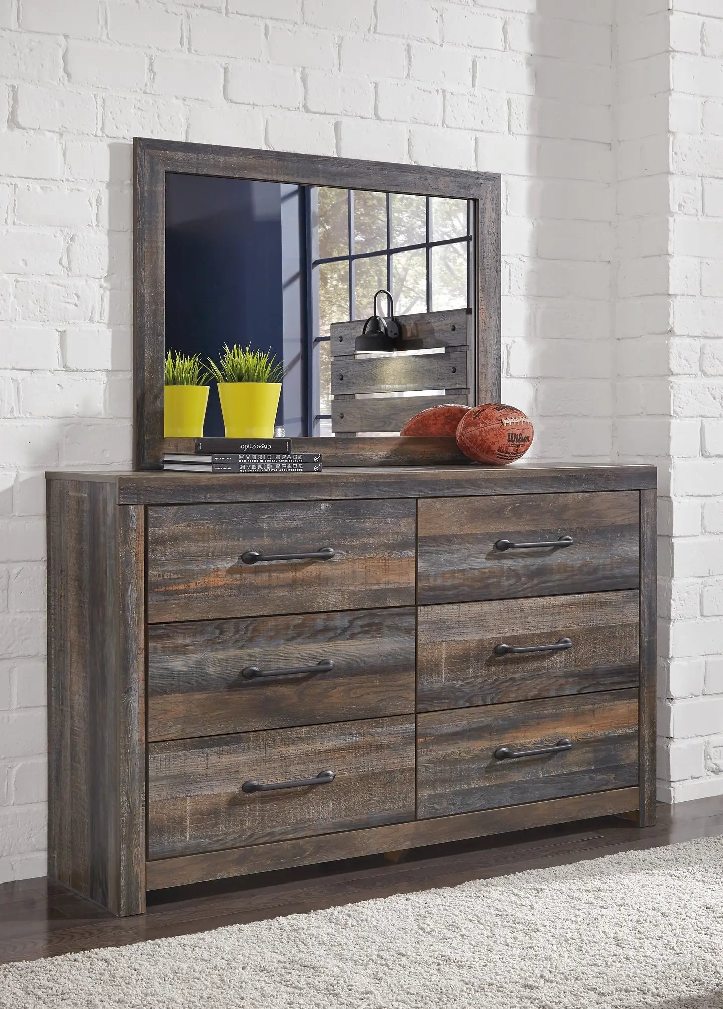 Drystan Queen Bookcase Bed with 4 Storage Drawers with Mirrored Dresser and Chest at Lee Furniture, NC