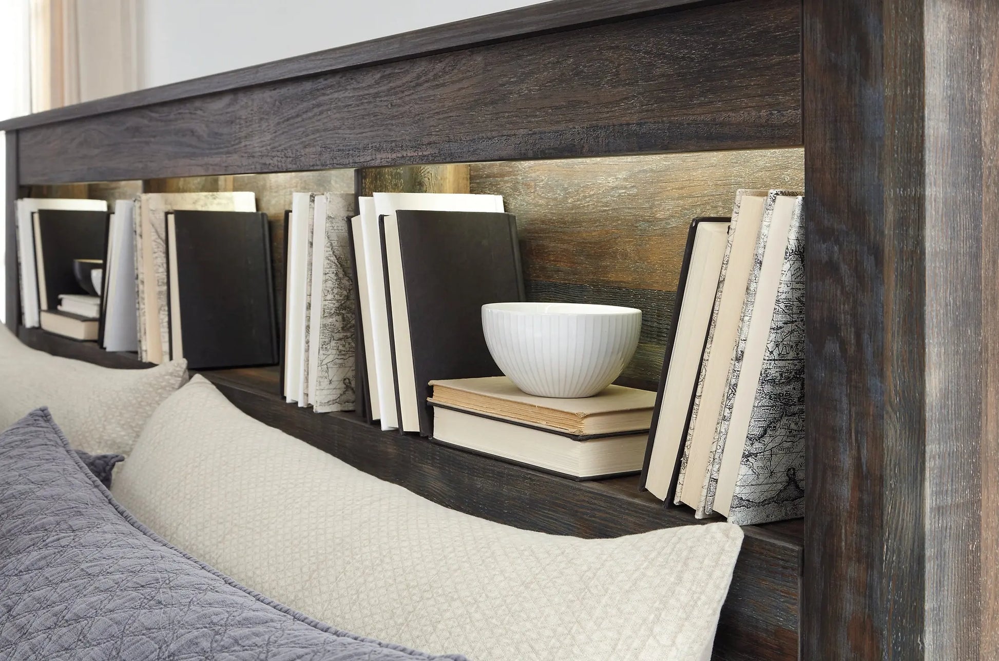 Drystan Queen Bookcase Bed with 4 Storage Drawers with Mirrored Dresser and Chest at Lee Furniture, NC