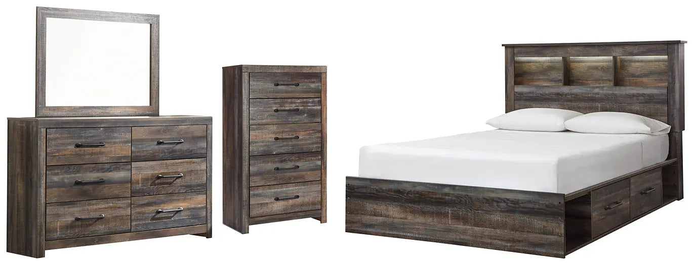 Drystan Queen Bookcase Bed with 4 Storage Drawers with Mirrored Dresser and Chest at Lee Furniture, NC