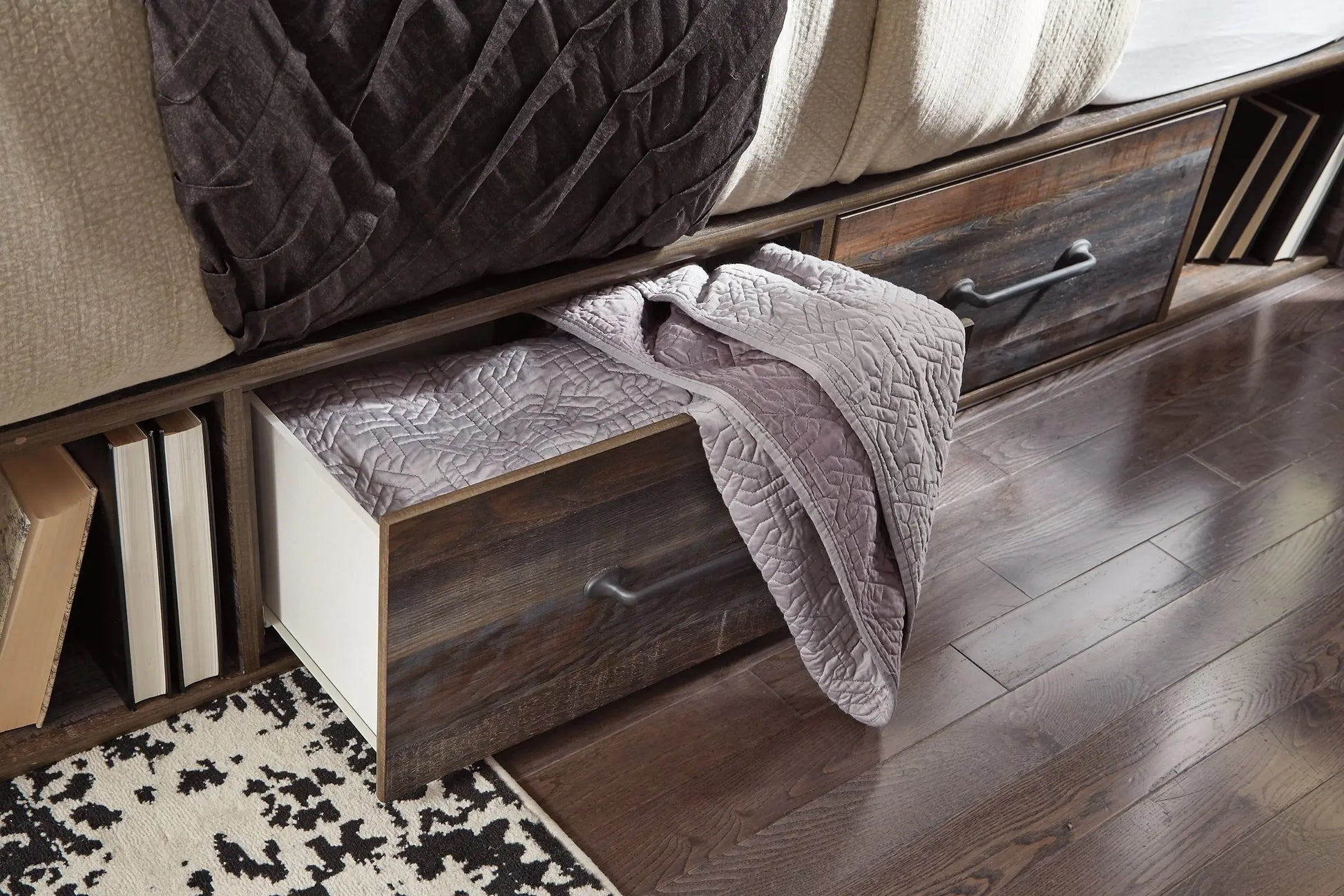 Drystan Queen Bookcase Bed with 4 Storage Drawers with Mirrored Dresser and Chest at Lee Furniture, NC