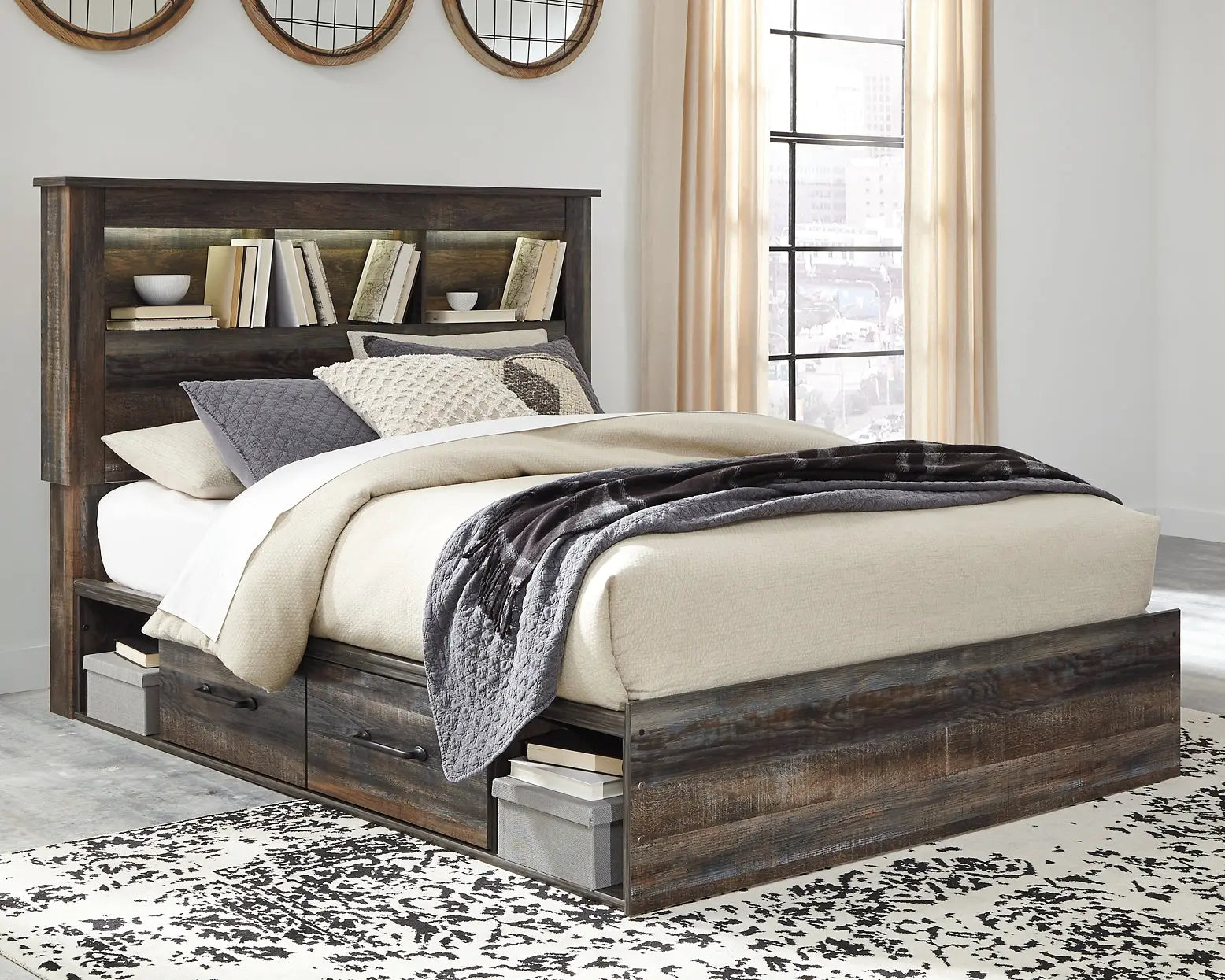 Drystan Queen Bookcase Bed with 4 Storage Drawers with Mirrored Dresser and Chest at Lee Furniture, NC