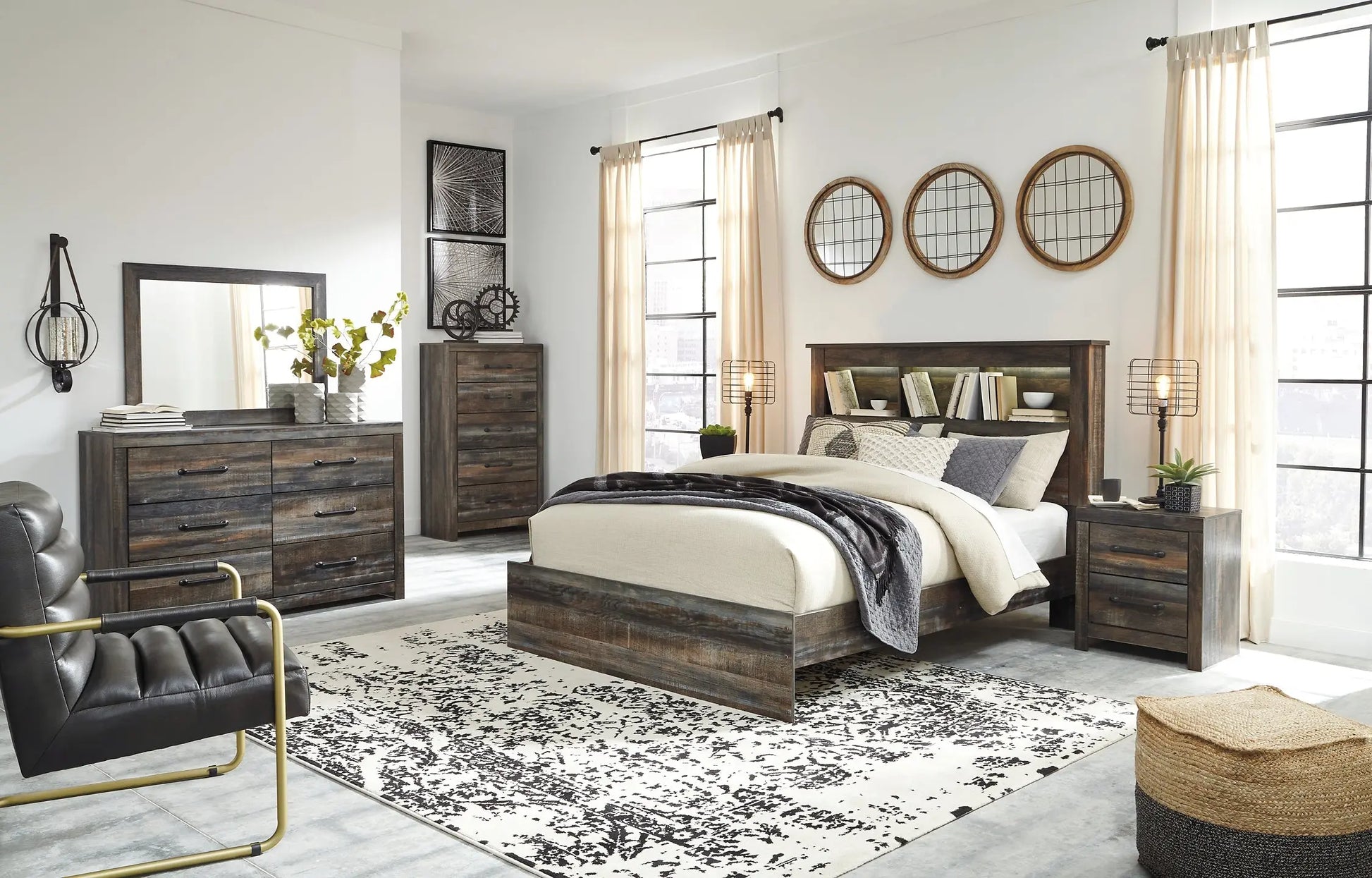 Drystan Queen Bookcase Bed with Mirrored Dresser, Chest and 2 Nightstands at Lee Furniture, NC