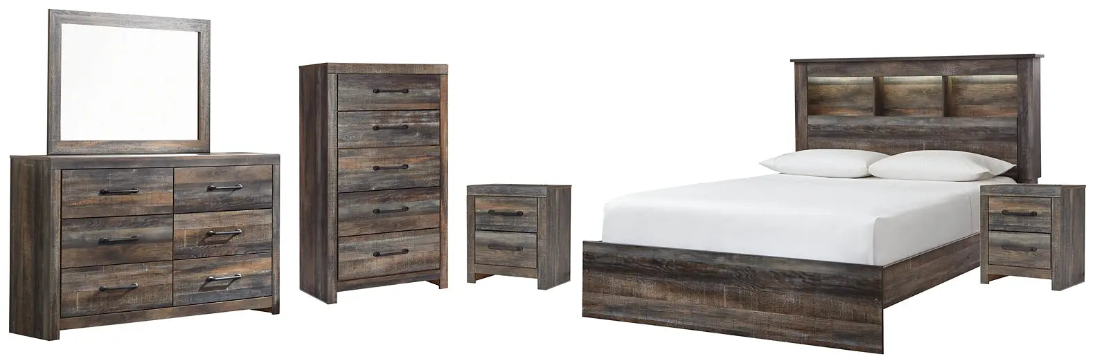 Drystan Queen Bookcase Bed with Mirrored Dresser, Chest and 2 Nightstands at Lee Furniture, NC